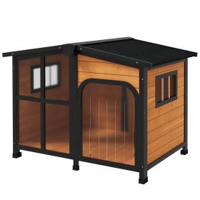 PawHut 43" L Wooden Dog House, Outdoor Waterproof Dog Kennel for Large Dogs with Openable Roof & Giant Window, Yellow